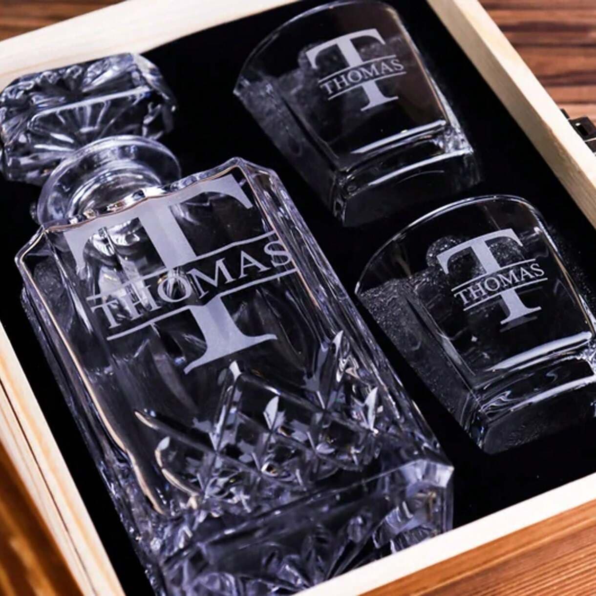 Personalized Whiskey Glass Set with Wooden Box